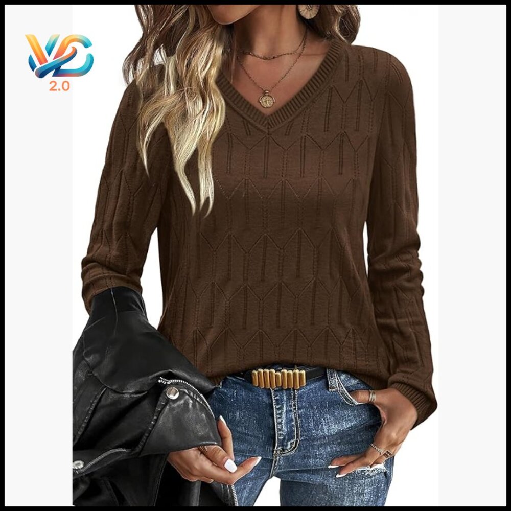 V-Neck Knit Pullover Sweater Long Sleeve Soft Stretch Casual Blouse Top